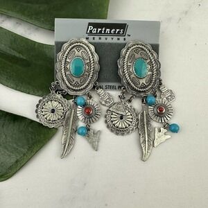 Partners Vintage Dangle Earrings NOS Tin Silver Tone Southwest Pottery Medallion